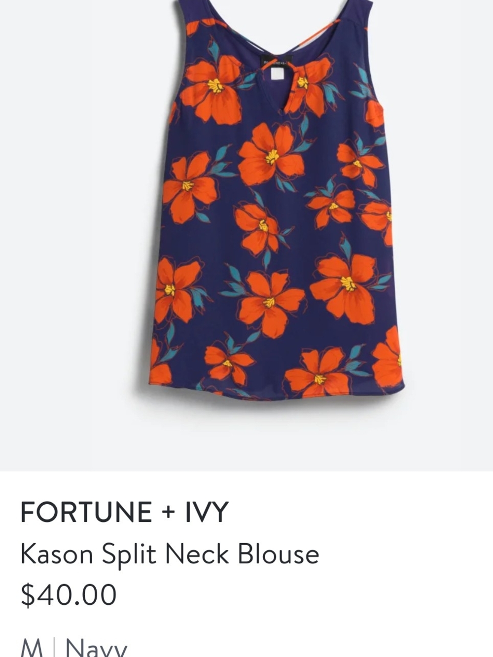 Fortune + Ivy Navy Floral Split Neck Blouse with Orange Flowers